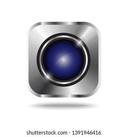 Metallic buttons, icon blue circle on metal silver plate square internet button, concept design with shadow isolated on white background.  Symbol for your web site, logo, app. Vector illustration.