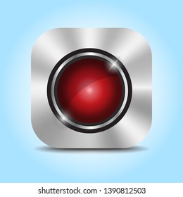 Metallic buttons, icon red circle on metal silver plate square internet button, concept design with shadow on blue background.  Symbol for your web site, logo, app. Vector illustration.