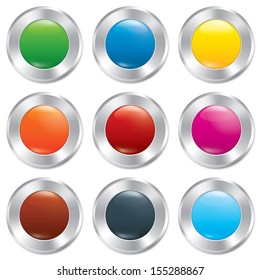 Metallic buttons template set. Vector round stickers. Realistic icons. Isolated on white background. Colorful templates for app. Eps10.