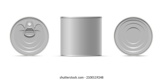 Metallic can package. Metal tin views, top cap lid front bottom cans view set isolated on white background, steel cylinder canned product mockup, aluminum packaging canister caps