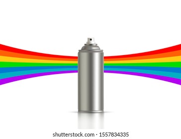 Metallic can of spray paint with rainbow on background. Vector illustration