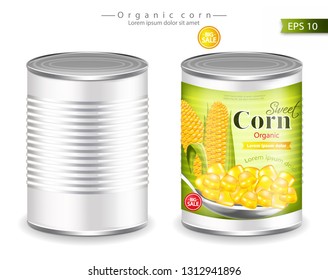 Metallic canned corn Vector realistic. Product placement. Label design template. 3d illustrations