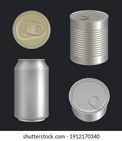 Metallic cans. Aluminium or steel beverages packages for drinks and food fish tuna decent vector realistic template