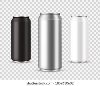 latas metálicas. Mockup de estaño negro, plateado y blanco realista, colección de plantillas de marca de marketing de vista frontal, contenedor de bebidas vacías para bebidas frías vector de aluminio 3d realista