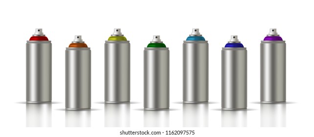 Metallic cans of spray paint in various colors. Colors of Rainbow. Vector illustration EPS 10