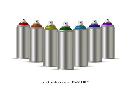 Metallic cans of spray paint in various colors. Colors of Rainbow. Vector illustration EPS 10
