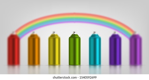 Metallic cans of spray paint in various colors. Colors of rainbow. Vector illustration