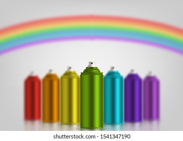 Metallic cans of spray paint in various colors. Colors of rainbow. Vector illustration