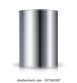 Metallic Cans Vector. Food Tincan Ribbed Metal Tin Can, Canned Food. Blank For Your Design. Realistic Empty Product Packing Template With Shadow And Reflection