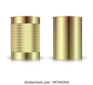 Metallic Cans Vector Set. Gold Tin Can. Blank For Your Design. Realistic Empty Product Packing Template With Shadow And Reflection