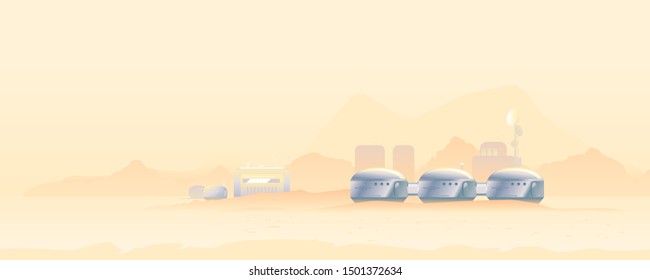 Metallic capsules on the Mars planet in flat style isolated, martian landscape with sand and Martian colony, colonization concept illustration