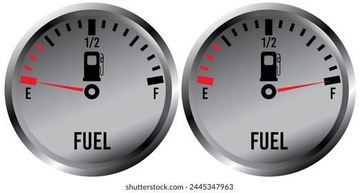 Metallic car dashboard fuel gauge showing empty and full needles
