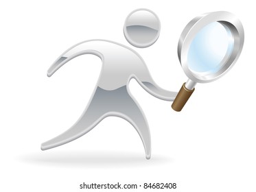 Metallic cartoon mascot character magnifying glass search concept