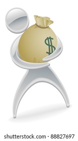 Metallic character holding large sack of money
