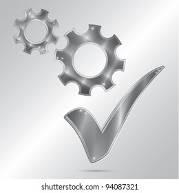 Metallic check mark symbol with sprockets, business moving on concept, vector set illustration