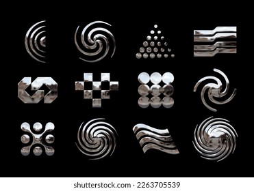 Metallic chrome abstract shapes. Set of modern design elements in Y2K style. Vector geometric symbols in retro futurism aesthetics