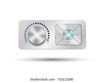 Metallic, chrome isolated panel with volume controller and buttons with power and audio,video symbols. Used clipping masks.