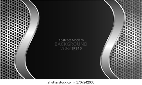 Metallic chrome silver black elegant realistic geometric abstract modern frame vector background hi-tech techno futuristic rippled decoration, luxury strong design for web and print template