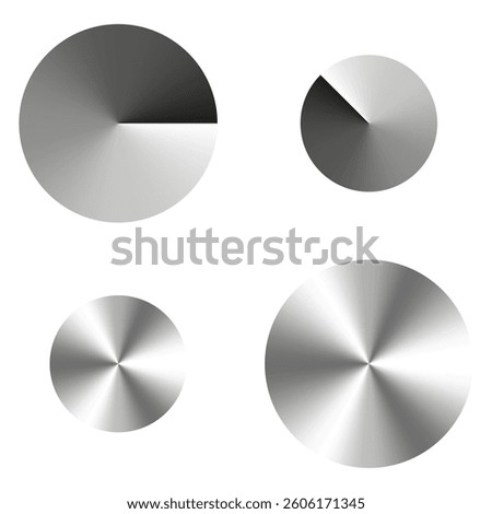 Metallic circle element. Chrome round symbol. Radial shine texture. Vector glossy surface.