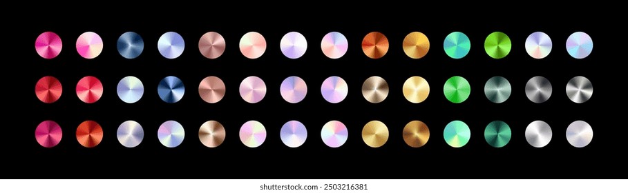 Metallic circle gradient color set. Colorful metal rose gold, chrome, bronze, silver, pearl, rainbow, green, blue swatches palette. Holographic conic gradient. Vector shiny multicolor background.