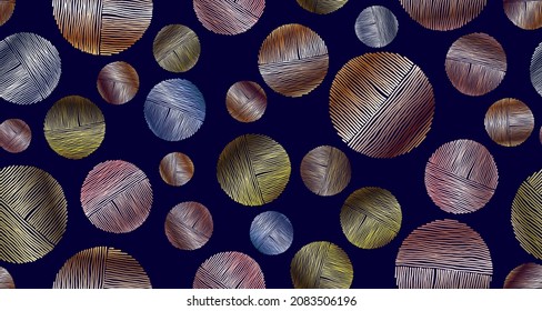 Metallic circles of lines on dark blue background seamless pattern design. Abstract background with metallic gradient polka dots mix in stripes. Rich fashionable pattern for textile print