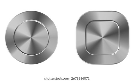 Botões metálicos circulares e quadrados com textura escovada, refletindo a luz