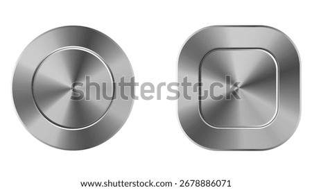Metallic circular and square buttons with brushed texture, reflecting light