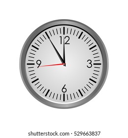 Metallic clock mockup isolated on white background. Clock face showing hands at five minutes to midnight. Vector illustration