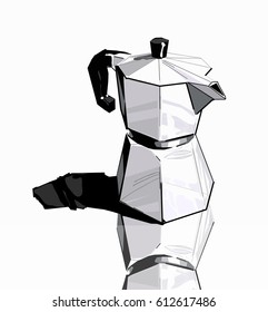Metallic coffee maker with reflection isolated on white.