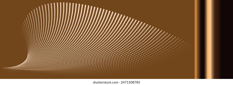 A metallic colored abstract vector illustration, Incorporating technology, sound, music, and modern aesthetics, dynamic particle waves within a halftone gradient form a fluid dot curve against 