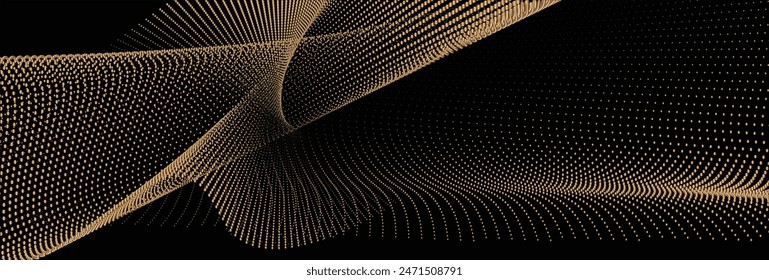 A metallic colored abstract vector illustration, Incorporating technology, sound, music, and modern aesthetics, dynamic particle waves within a halftone gradient form a fluid dot curve against 