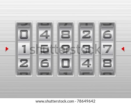 Metallic combination lock with five number. Vector illustration.