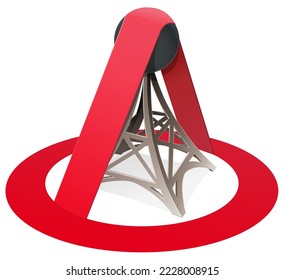 Metallic communications antenna with a circular prohibition symbol on it in a cartoon style on a white background