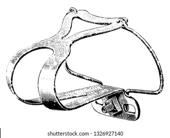 It is a metallic component having a curved shape and a flat bottom where the rider places his foot, vintage engraved line art illustration. Bicycle Accessories - 1900