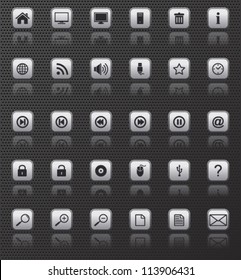 metallic computer and internet web icons buttons set with reflections on dark background