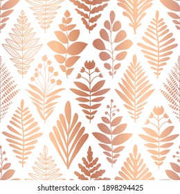 Metallic copper foil floral seamless pattern. Repeating vector background rose gold flowers on white in geometric rhombus shapes. Modern elegant faux metallic design for invitation, wedding, birthday