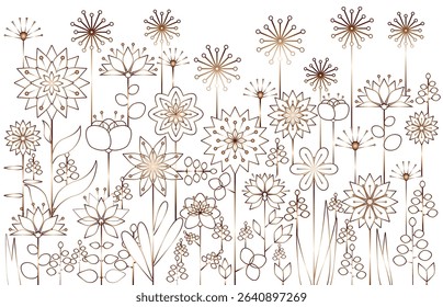 Metallic copper vector flowers silhouettes background. Simple luxury flowers isolated on white background. Outline floral template.	
