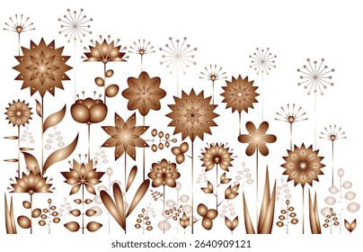Metallic copper vector flowers silhouettes background. Simple luxury flowers isolated on white background.	