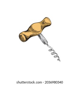 Metallic corkscrew with wooden handle for removing cork from wine bottle. Screw opener for alcoholic beverages. Vector color sketch illustration isolated on white.