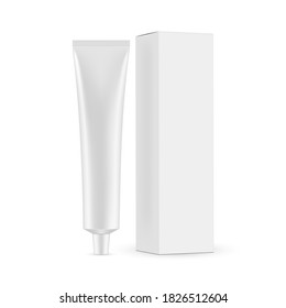 Metallic cosmetic tube, box mockup with side view, isolated on white background. Vector illustration