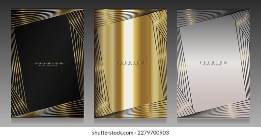 Metallic cover set design. Abstract geometric frame on a black, gold and platinum background. Luxury backgrounds, elegant invitations, premium brochures, modern VIP cards.