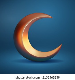 Metallic crescent moon of dark shadow in 3d illustration isolated blue background. Islam religious symbol and icon