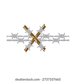 A metallic cross formed by barbed wire with sharp points