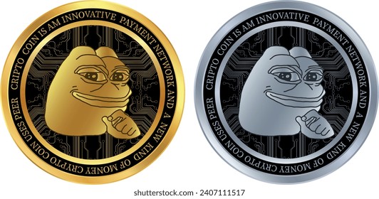 metallic cryptocurrency vector illustrations. pepe coin logo. 3d illustrations.