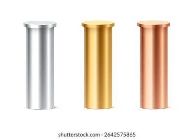 Colunas de pódio de cilindro metálico nas cores prata, ouro e bronze. Pilares de pedestal cilíndrico 3D para ranking, exposição de produtos, cerimônia de premiação. Ilustração vetorial realista.