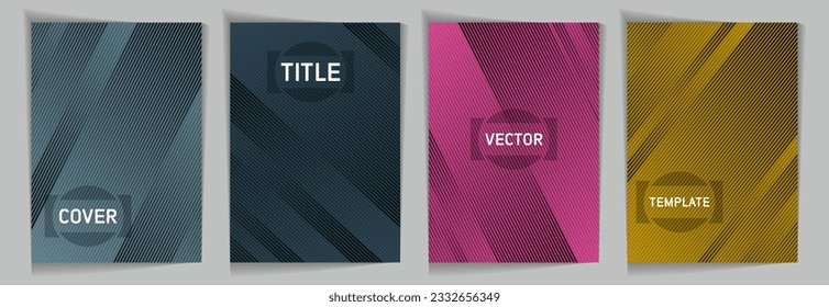 Diseño de conjunto vectorial de plantillas de portada de textura de líneas diagonales metálicas. Fundas de color rosa, dorado, azul grisáceo con textura metálica de líneas diagonales. Plantilla de negocio
