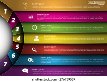Metallic Diagram Circle Design, 7 Options, Semi-circle With Number,  Business Icon and Information Text Design On Metallic Multi-Color Background, For Business/Finance Infographic. Vector Illustration