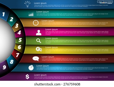 Metallic Diagram Circle Design, 9 Options, Semi-circle With Number,  Business Icon and Information Text Design On Metallic Multi-Color Background, For Business/Finance Infographic. Vector Illustration