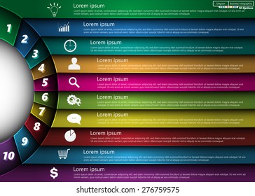 Metallic Diagram Circle Design,10 Options, Semi-circle With Number,  Business Icon and Information Text Design On Metallic Multi-Color Background, For Business/Finance Infographic. Vector Illustration