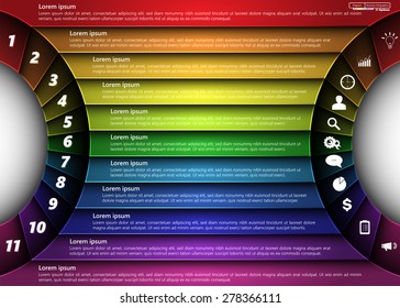 Metallic Diagram Semi-Circle Design, 11 Options, 2 Side for Number and  Business Ico, Information Text Design On Metallic Multi-Color Background, Vector Illustration